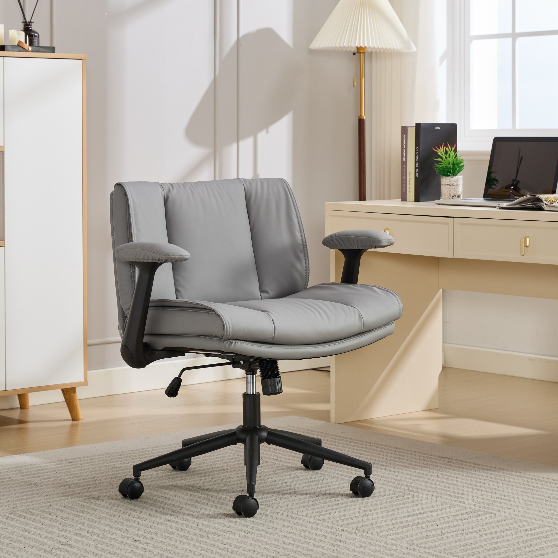 Cross Legged Chair with Flip-Up Armrests Leather, Cross Legged Office Chair on Wheels, Comfy Swivel Chair with Wide Seat for Home Office, Vanity,  Ergonomic Desk Chair Adjustable, Grey