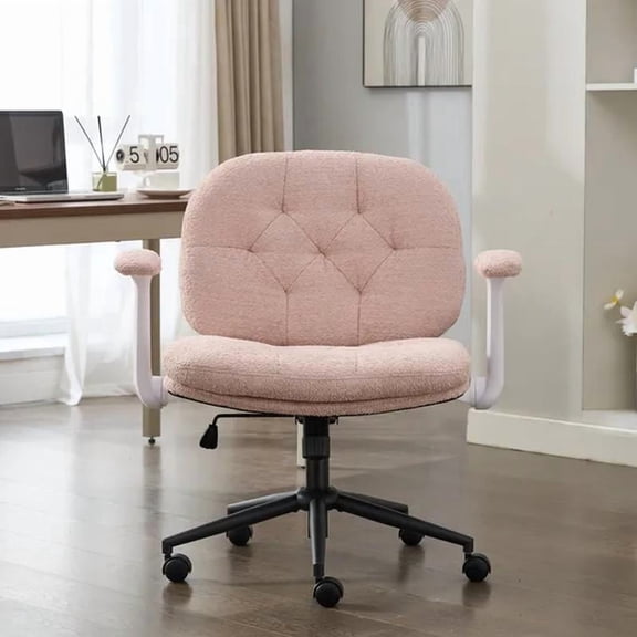 Cross Legged Chair with Flip-up Armrests, Swivel Chair with Wheels, Wide Seat, Adjustable Vanity Chair for Home and Office, Pink