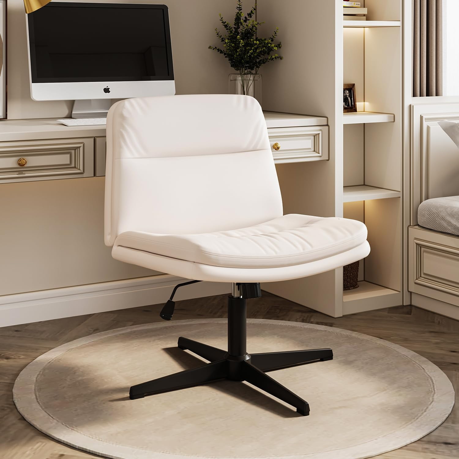 Cross Legged Office Chair,Armless Comfy Criss Cross Chair Wide Seat Ergonomic Home Office Desk Chair No Wheels Swivel Home Office Desk Computer Chair for Vanity Home Office Bedroom,Milky White