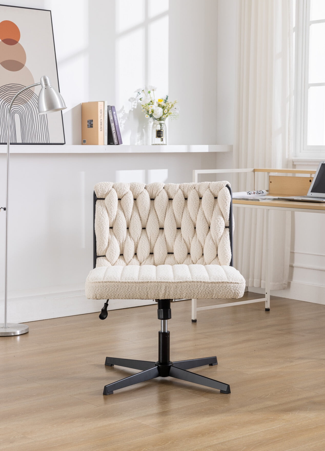 Cross Legged Office Chair,Armless Velvet Desk Chair No Wheels,Height Adjustable Swivel Vanity