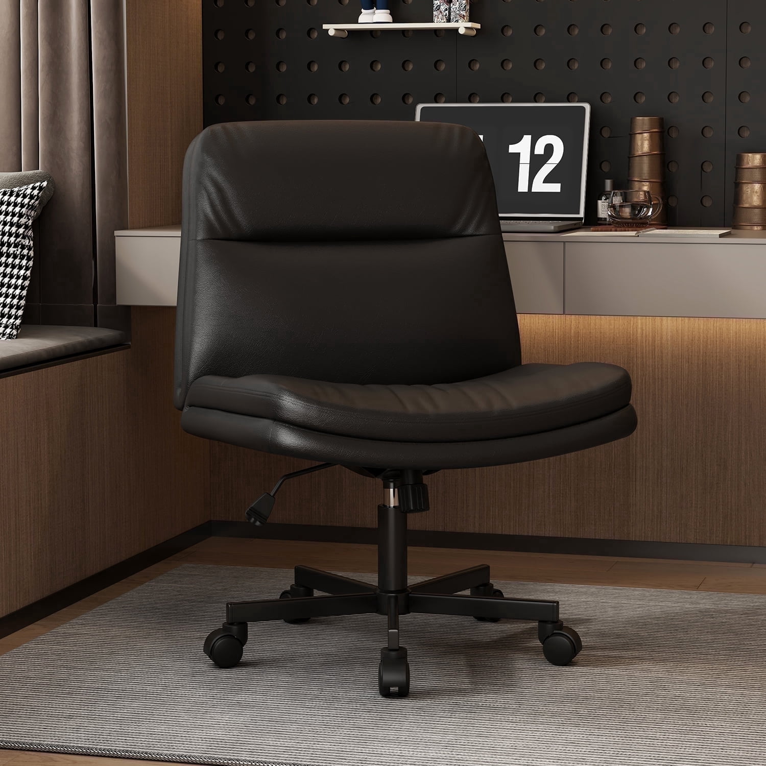 Cross Legged Office Chair, Wide Seat Ergonomic Home Office Desk Chair with Wheels Swivel Computer Chair for Vanity, Black