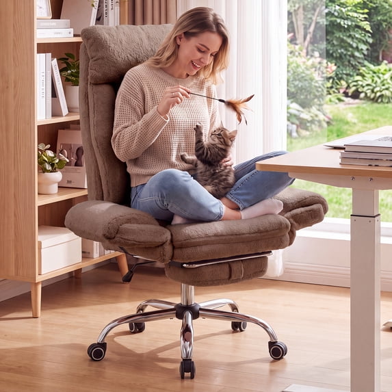 Genpo Cross Legged Office Chair, Criss Cross Desk Chair with Wheels, Brown Teddy Fleece Big and Tall Reclining Office Chair 500lbs with Foot Rest, Reversible Armrests & Wide Seat