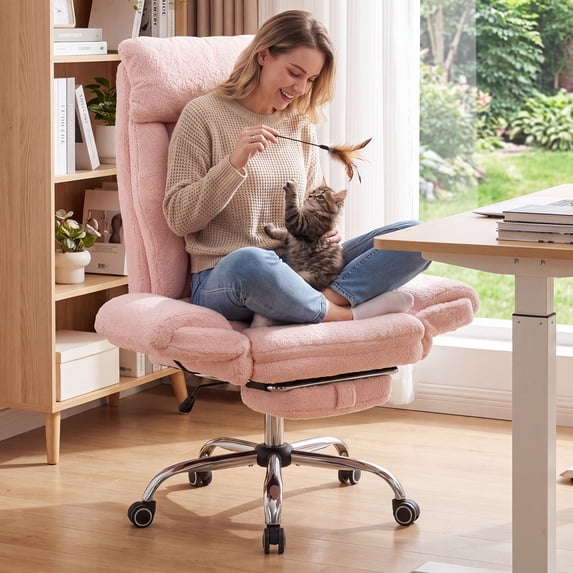 Genpo Cross Legged Office Chair, Criss Cross Desk Chair with Wheels, Pink Teddy Fleece Big and Tall Reclining Office Chair 500lbs with Foot Rest, Reversible Armrests & Wide Seat