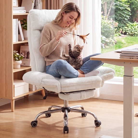 Genpo Cross Legged Office Chair, Criss Cross Desk Chair with Wheels, White Teddy Fleece Big and Tall Reclining Office Chair 500lbs with Foot Rest, Reversible Armrests & Wide Seat