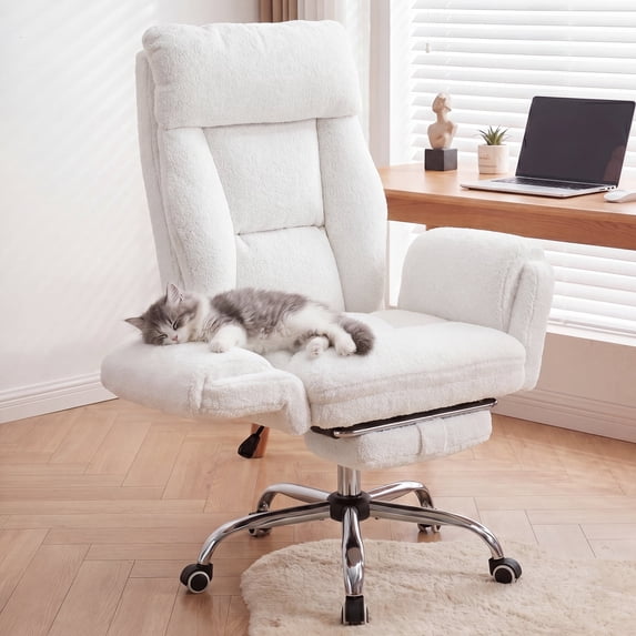 Genpo Cross Legged Office Chair, Criss Cross Desk Chair with Wheels, White Teddy Fleece Big and Tall Reclining Office Chair 500lbs with Foot Rest, Reversible Armrests & Wide Seat
