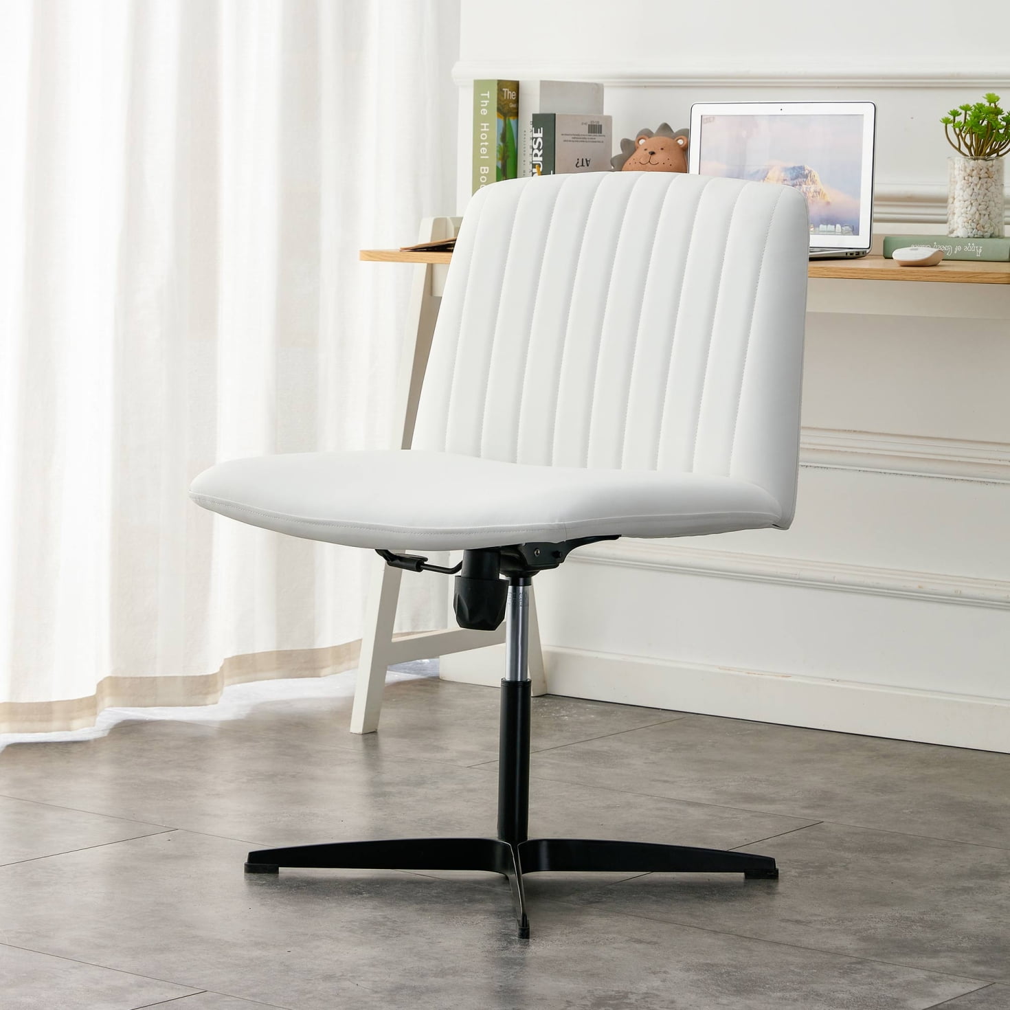 SeekFancy Criss Cross Legged Office Chair, White Armless Desk Chair No  Wheels, Wide Seat Home Office Chair, Pu Leather Adjustable 360 Swivel  Vanity