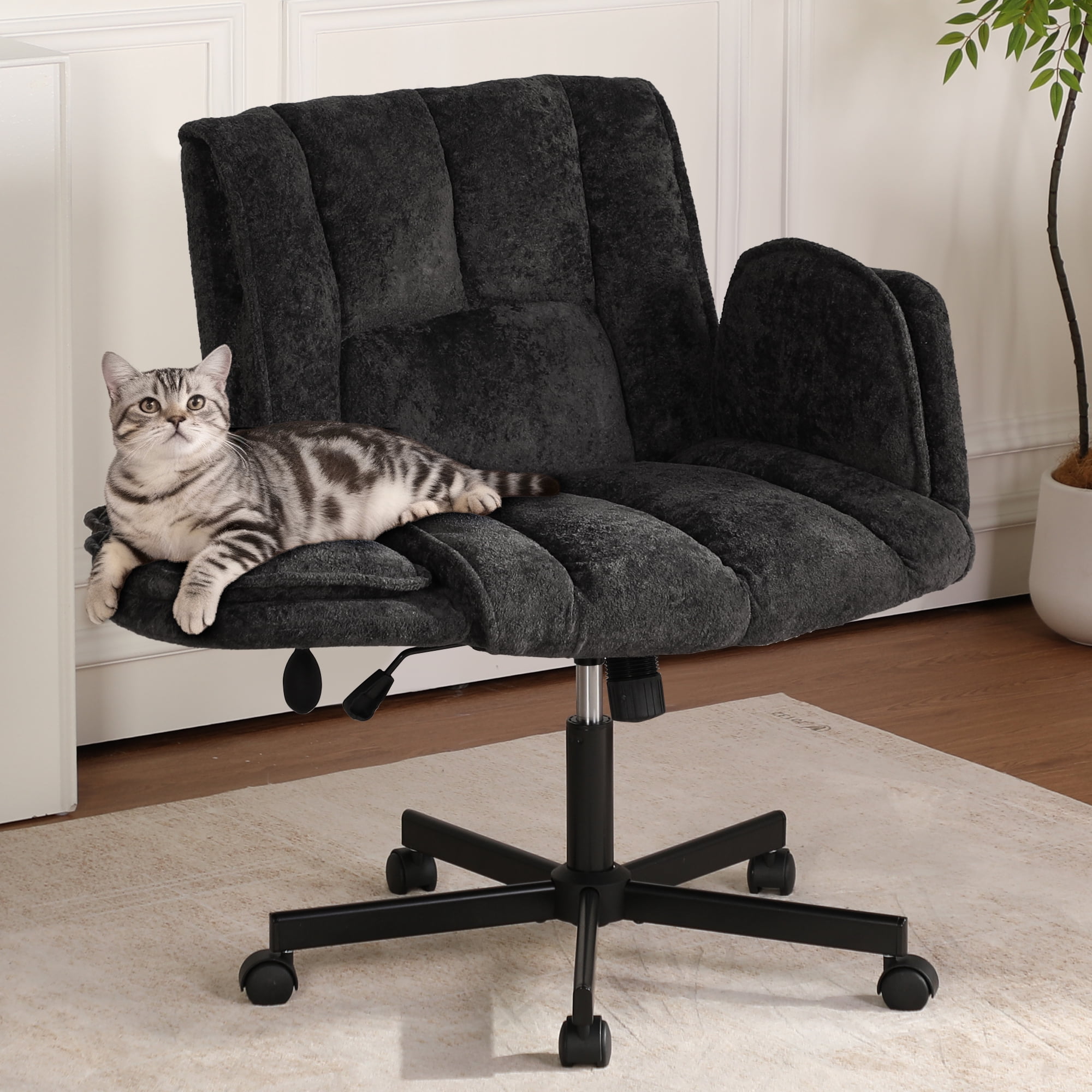 Cross Legged Office Chair with Wheels & Dynamic Airbag Lumbar Support, Criss Cross Wide Seat, 5-Position Fold-Down Armrests, Swivel Vanity Chair for Home Office, Black