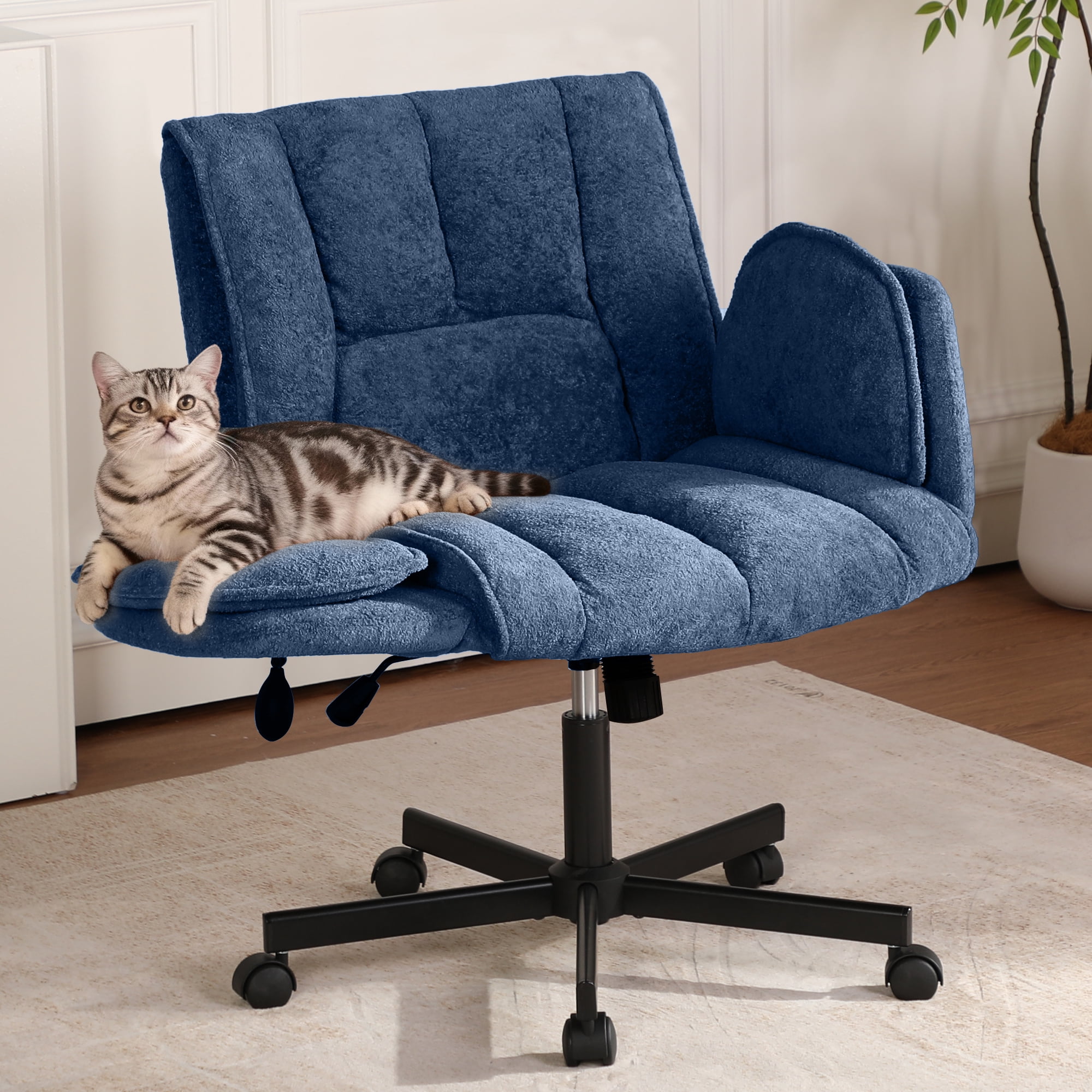 Cross Legged Office Chair with Wheels & Dynamic Airbag Lumbar Support, Criss Cross Wide Seat, 5-Position Fold-Down Armrests, Swivel Vanity Chair for Home Office, Blue