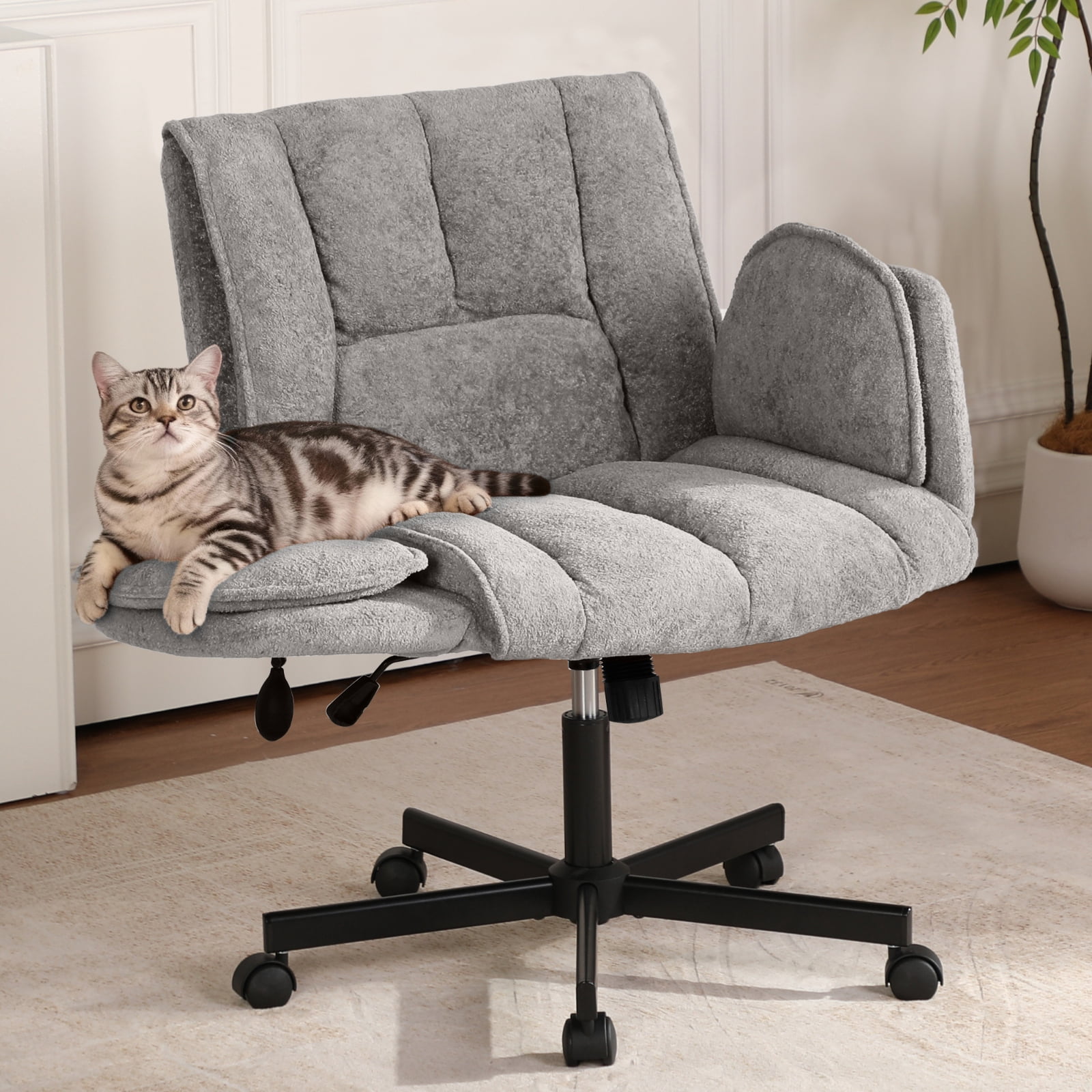 Cross Legged Office Chair with Wheels & Dynamic Airbag Lumbar Support, Criss Cross Wide Seat, 5-Position Fold-Down Armrests, Swivel Vanity Chair for Home Office, Gray