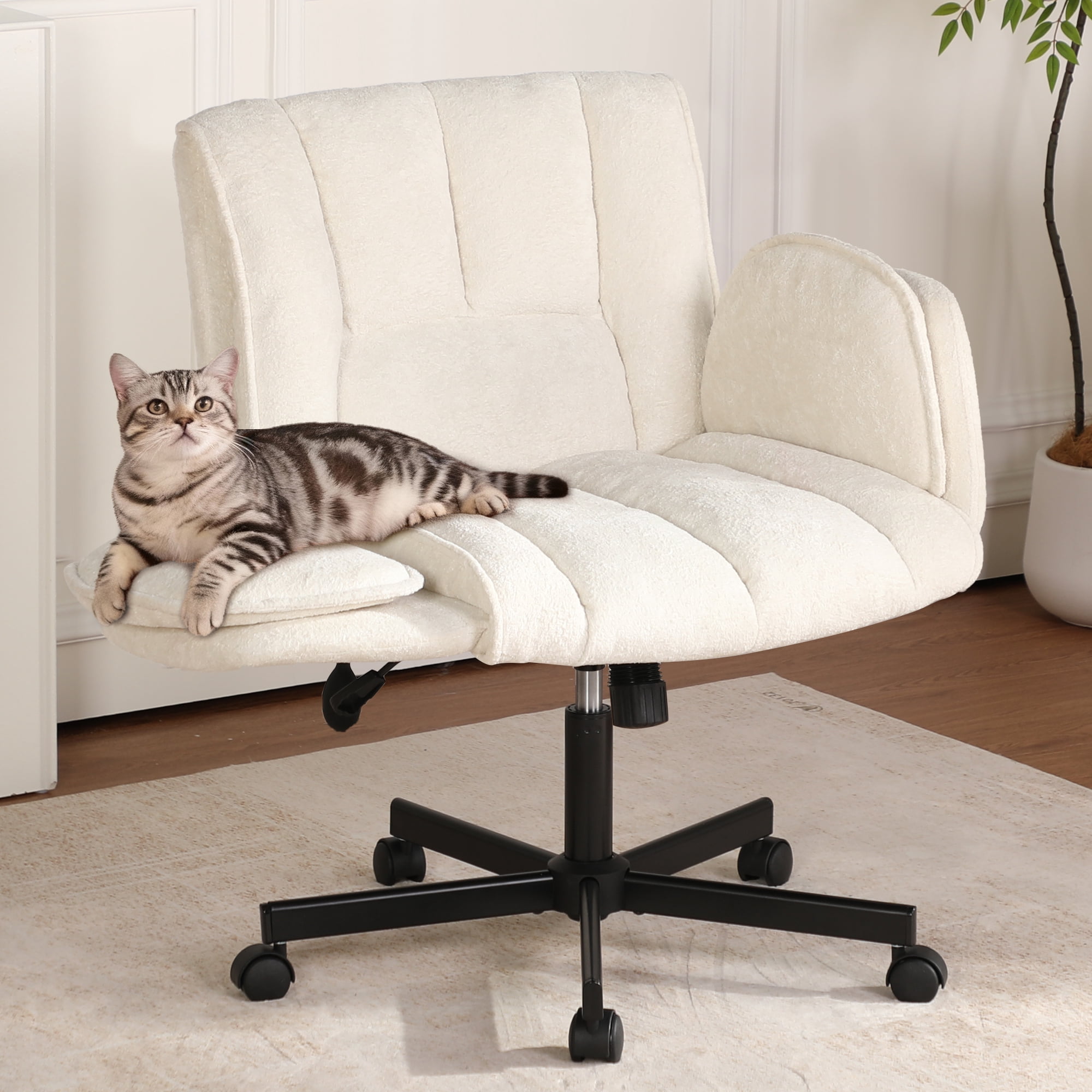 Cross Legged Office Chair with Wheels & Dynamic Airbag Lumbar Support, Criss Cross Wide Seat, 5-Position Fold-Down Armrests, Swivel Vanity Chair for Home Office, Beige