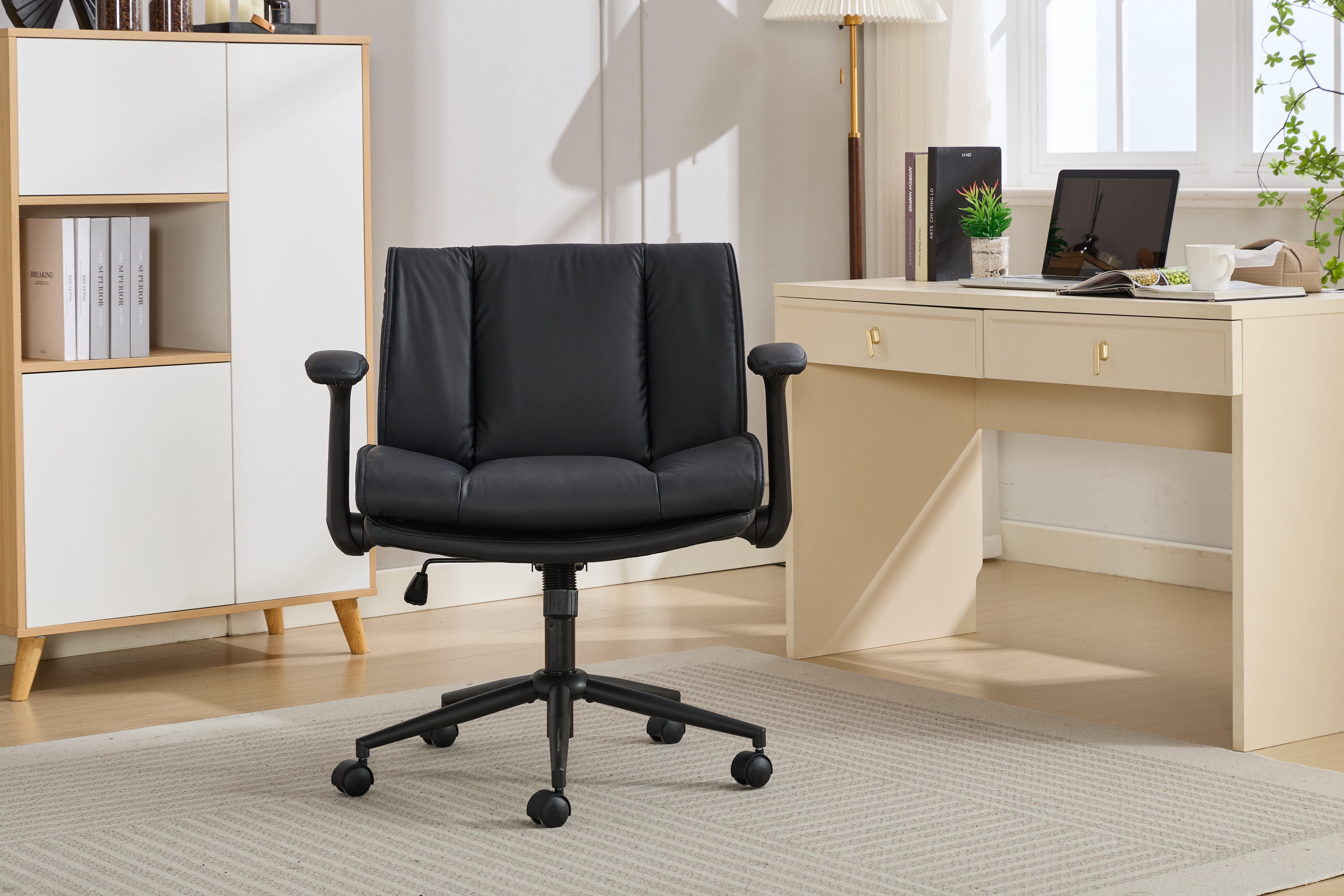 Cross Legged Office Chair on Wheels, Comfy Swivel Chair with Wide Seat for Home Office, Vanity, Ergonomic Desk Chair Adjustable, Black
