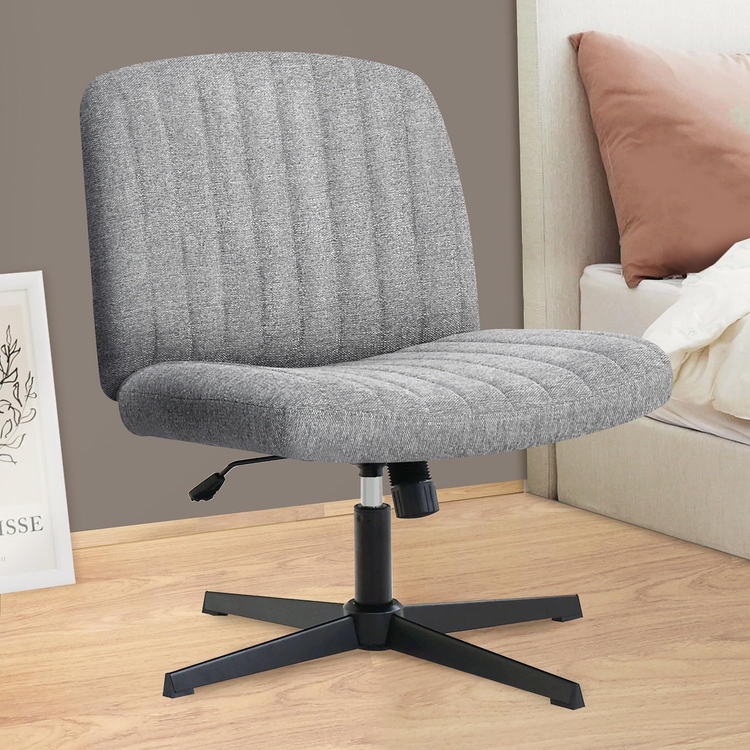 Cross Legged Office Desk Chair No Wheels Fabric Padded Modern Swivel