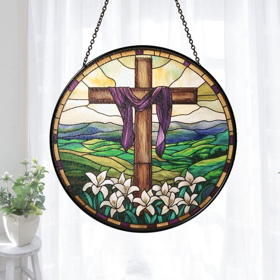 Cross & Lily Christian Suncatcher Stained-Glass-Style Acrylic Window Hanging Religious Home Decor Faith Gift, Cross Window Hanging