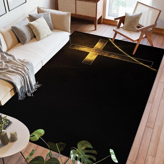 Cross Looped Black Gold Graphic Background Washable Large Rugs For Bedroom Kitchen Living Room Non Slip Outdoor Carpets Soft Mats For Home Playroom Decor 1x2ft