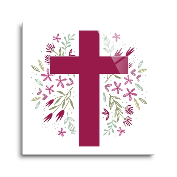 Cross Magenta Green Floral 24 x 24 Glass Wall Hanging Sign