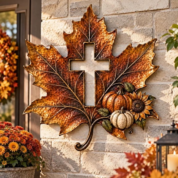 Cross Maple Leaf Fall Metal Wall Decor – Rustic Farmhouse Thanksgiving Decoration, Christian Autumn Hanging Art(16in)