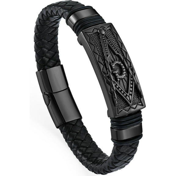 Cross Masonic Mens Bracelet, 18K Gold/Black Rhodium Plated Christian Religious 316L Stainless Steel Brown Cuff Handcrafted Jewelry Gifts