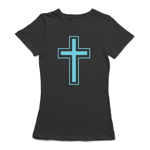 Cross Medium Front Blue Graphic Women Black T-Shirt, Female Large