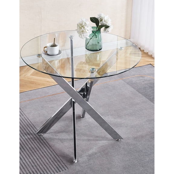 Cross Metal Leg Tempered Glass Dining Table / Space-Saving for Living Room, Easy to Clean