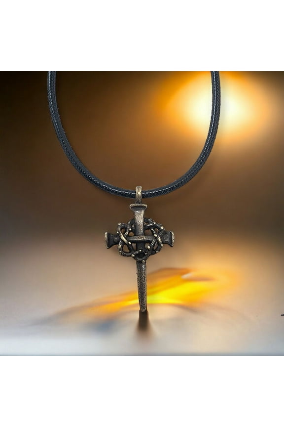 Cross Nail Crown Pewter Pendant Antique Brass Metal Finish Black Cord Necklace