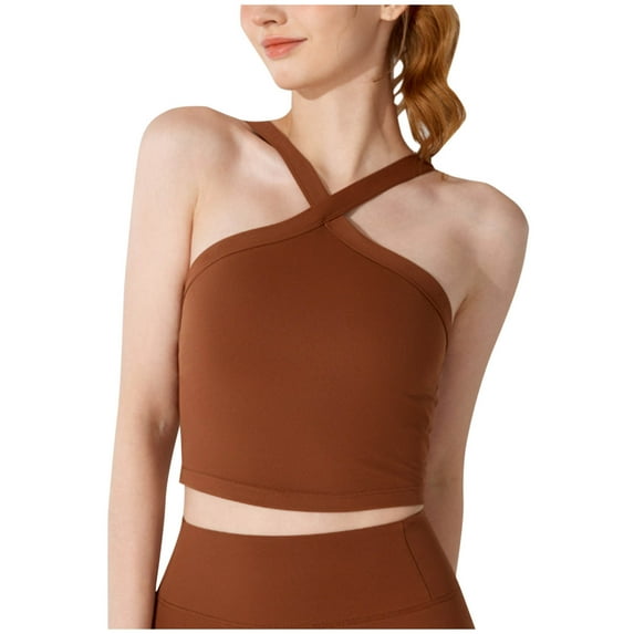 Cross Neck Workout Tank Top Women's Crisscross V Neck Camis Sleeveless Yoga Crop Camisole With Built In Bra Solid Color Stretch Athletic Top Breathable Gym Outfit