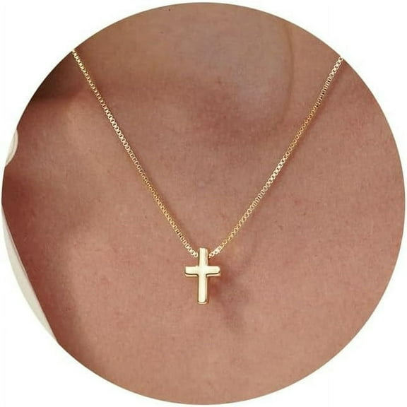 Cross Necklace, 14K Gold Plated Box Chain Cross Pendant Necklace Dainty Simple Silver Cross Tiny Necklace for Women