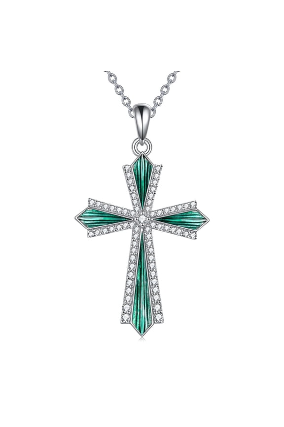 Cross Necklace 925 Sterling Silver Cubic Zirconia CZ Cross Crucifix Pendant Necklace Jewelry for Women Men(07-Green cross)