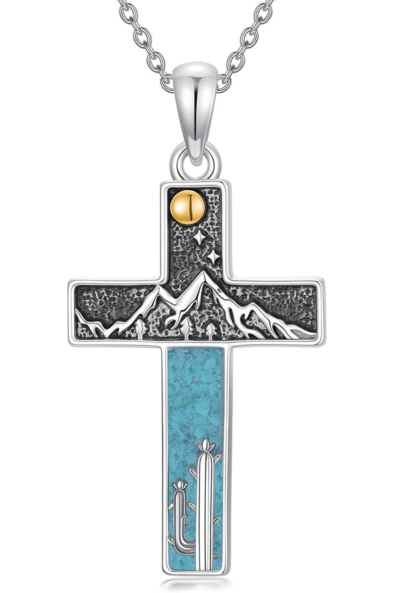 Cross Necklace 925 Sterling Silver Turquoise Cross Mountain Western Necklace for Women Mountain Religious Jewelry Gifts for Men Women Hiking Lover