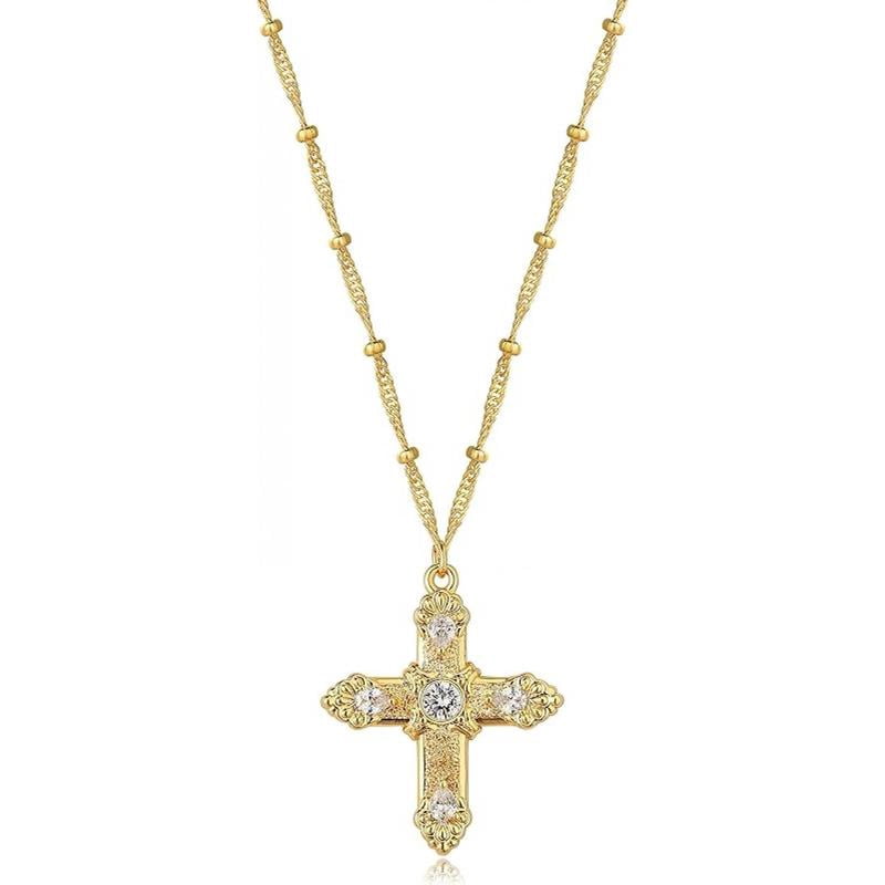 KissYan Dainty Cross Necklace For Women - 14K Gold Plated With Cubic Zirconia, Faith Pendant, Religious Jewelry Gift