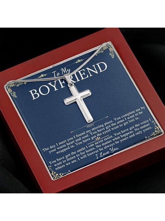 Cross Necklace Gift For Boyfriend, Christmas Gift For Boyfriend From Girlfriend, To My Man Present Stainless Steel Snack Chain Cross Necklace with Message Card
