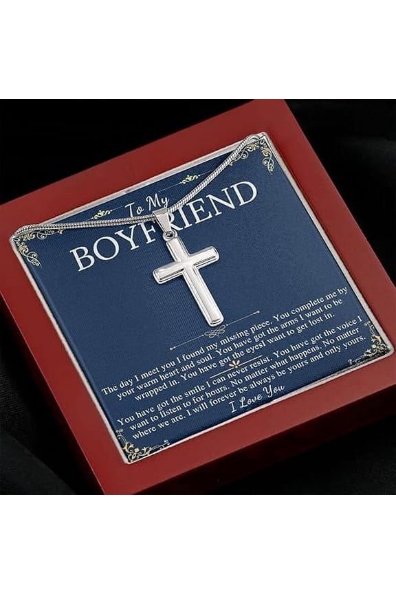 Cross Necklace Gift For Boyfriend, Christmas Gift For Boyfriend From Girlfriend, To My Man Present Stainless Steel Snack Chain Cross Necklace with Message Card