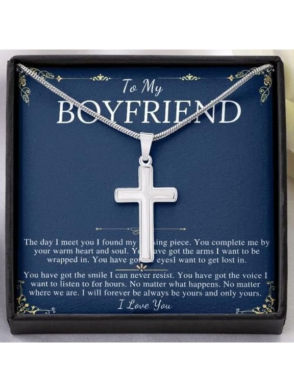 Cross Necklace Gift For Boyfriend, Christmas Gift For Boyfriend From Girlfriend, To My Man Present Stainless Steel Snack Chain Cross Necklace with Message Card