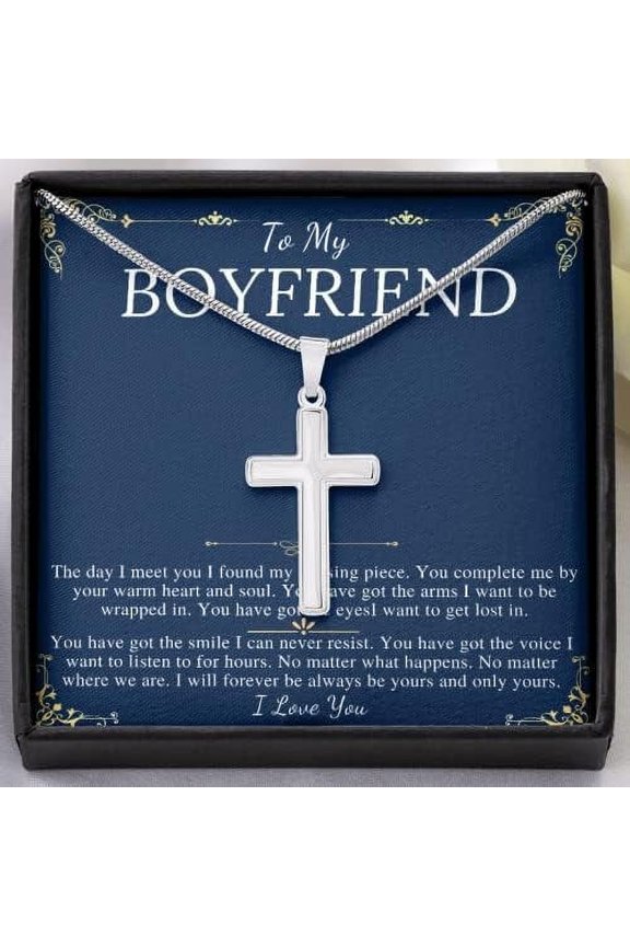 Cross Necklace Gift For Boyfriend, Christmas Gift For Boyfriend From Girlfriend, To My Man Present Stainless Steel Snack Chain Cross Necklace with Message Card