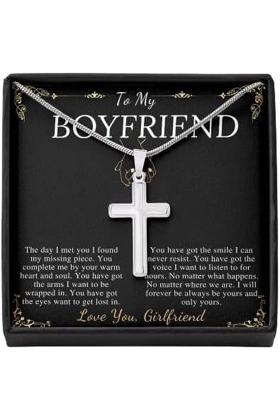 Cross Necklace Gift For Boyfriend, Christmas Gift For Boyfriend From Girlfriend To My Man Present Stainless Steel Snake Chain Cross Necklace with Message Card Mahogany Luxury Box Variant