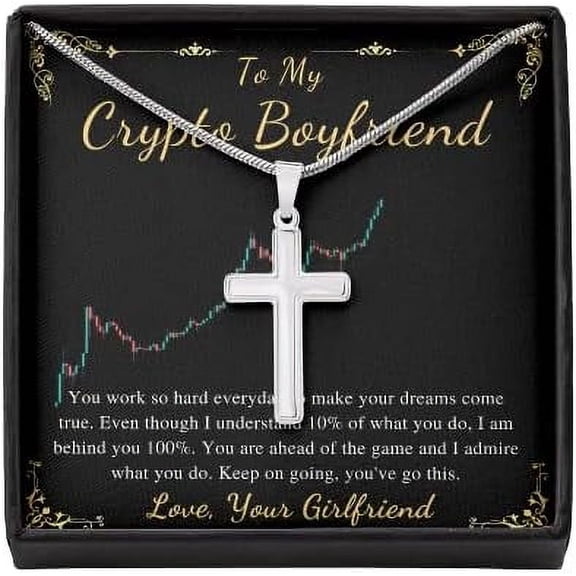Cross Necklace Gift For Crypto Boyfriend Christmas Gift For Him From Girlfriend To My Boyfriend Bitcoin Cryptocurrency Present Stainless Steel Snack Chain Cross Necklace with Message Card