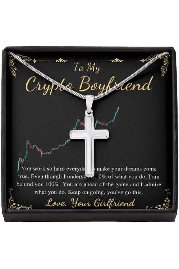 Cross Necklace Gift For Crypto Boyfriend Christmas Gift For Him From Girlfriend To My Boyfriend Bitcoin Cryptocurrency Present Stainless Steel Snack Chain Cross Necklace with Message Card