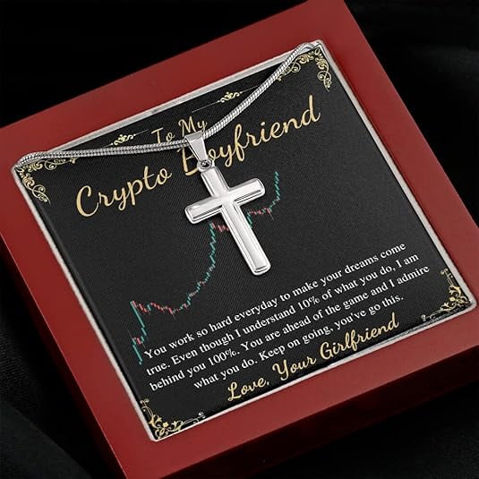 Cross Necklace Gift For Crypto Boyfriend Christmas Gift For Him From Girlfriend To My Boyfriend Bitcoin Cryptocurrency Present Stainless Steel Snack Chain Cross Necklace with Message Card