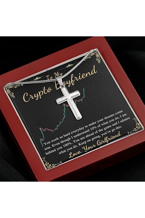 Cross Necklace Gift For Crypto Boyfriend Christmas Gift For Him From Girlfriend To My Boyfriend Bitcoin Cryptocurrency Present Stainless Steel Snack Chain Cross Necklace with Message Card