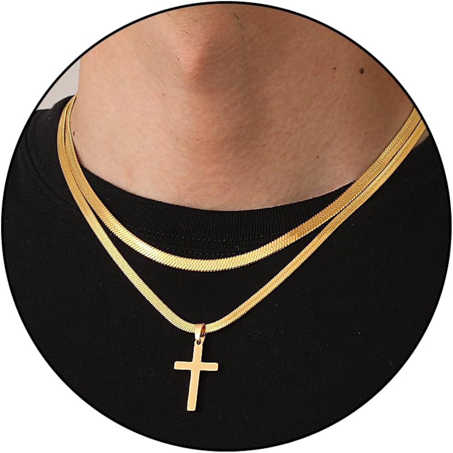Vnox Men Layering Cross Necklace,Cutout Hollow Cross Pendant,Double Layered  Gold Color Cuban Figaro Chain,Hippie 2pcs Collar Set