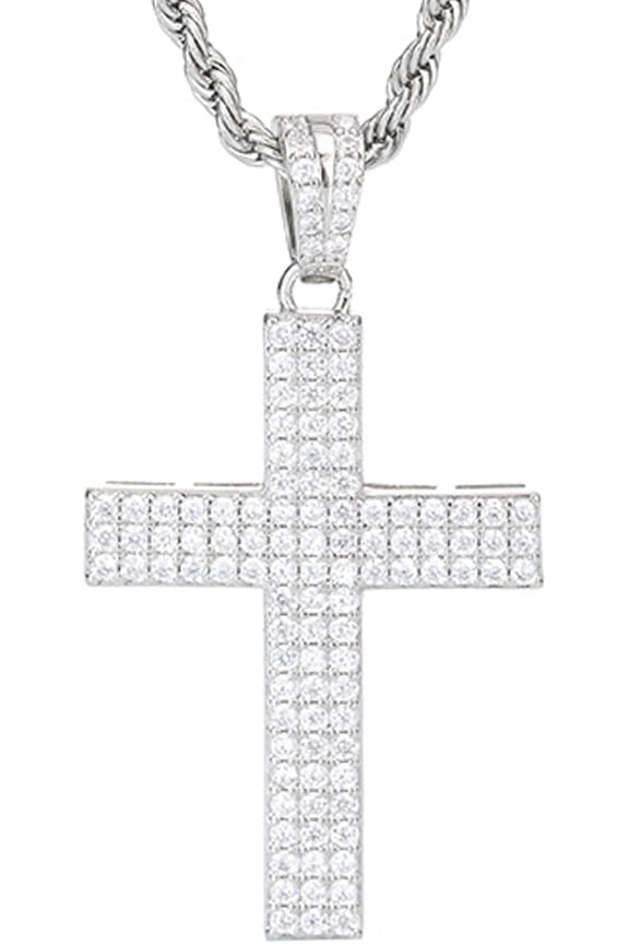 Cross Necklace for Men, Cubic Zirconia Crucifix Pendant, Micro Inlay Silver Yellow Gold Plated Copper Jesus Christ Women Fine Jewelry Gifts Box, 24 Inches Stainless Steel Rope Chain