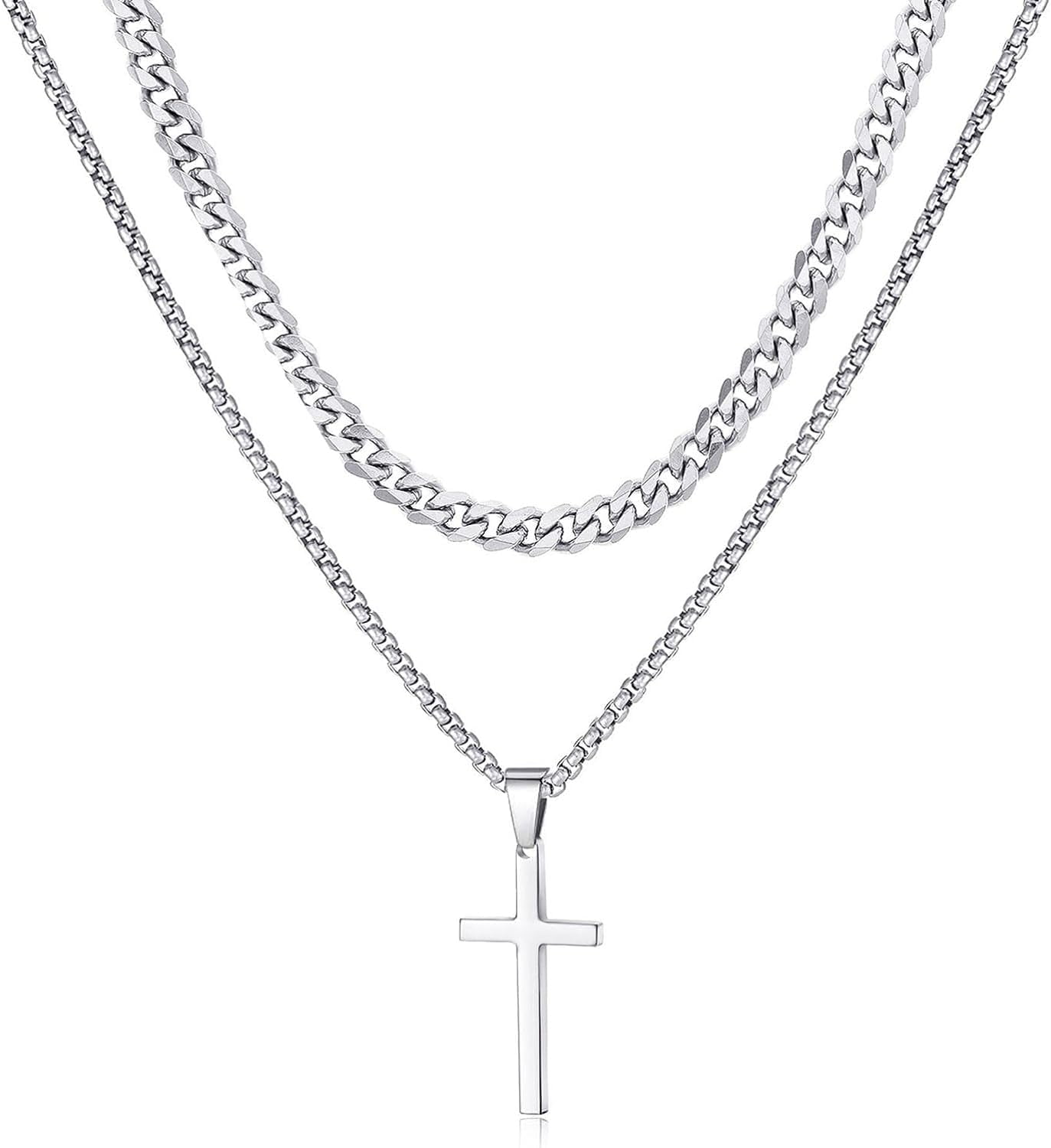 Cross Necklace for Men,Gold Black Silver Stainless Steel Layered Cross Pendant Necklace Jewelry Gifts Cuban Chain Box Chain Necklace for Men Women 16-26 Inches