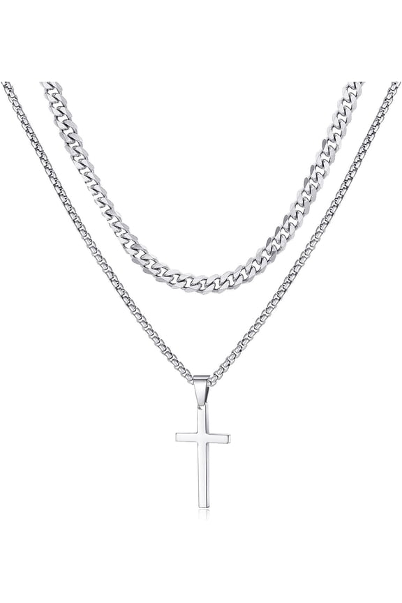 Cross Necklace for Men,Gold Black Silver Stainless Steel Layered Cross Pendant Necklace Jewelry Gifts Cuban Chain Box Chain Necklace for Men Women 16-26 Inches