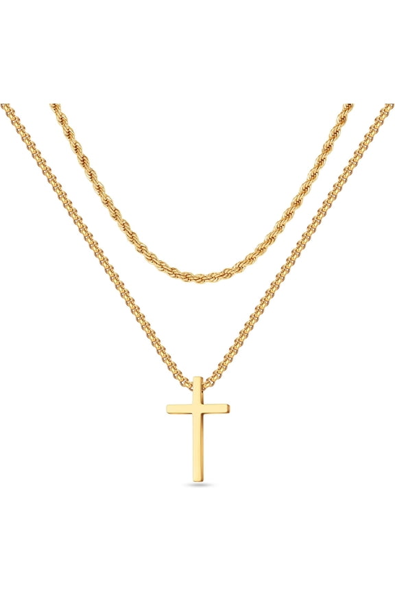 Cross Necklace for Men, Gold Silver Black Stainless Steel Mens Cross Necklaces Layered Rope Chain Box Chain Cross Pendant Necklace for Men Cross Chain Necklace for Men 16-24 Inch