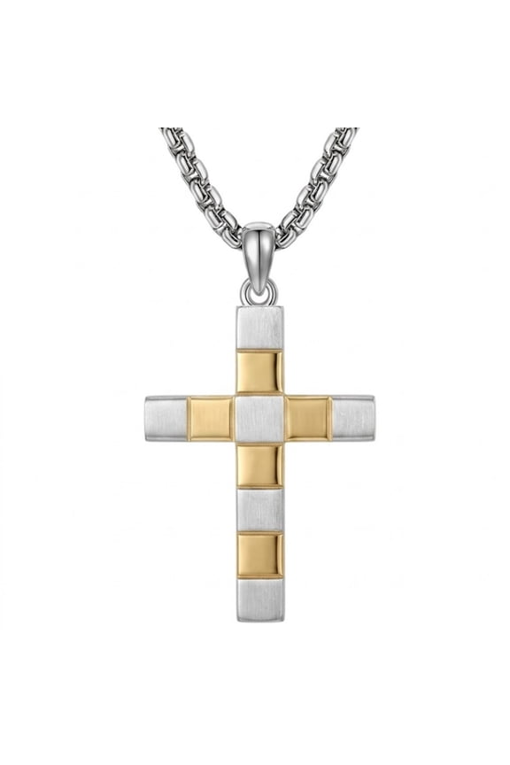 Cross Necklace for Men, Religious Necklace for Men, Dual-Tone Gold & White Gold Plated Block Spliced Crucifix Pendant, Stainless Steel Box Chain 22+2 Inch