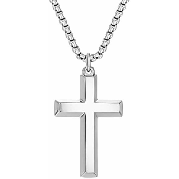 Cross Necklace for Men Silver Gold Black Stainless Steel Beveled Edge Cross Chain Pendant Christian Necklace for Men Crucifix Pendant Box Chain Length 22 Inch