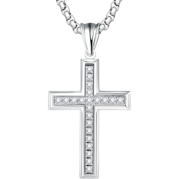 Cross Necklace for Men Stainless Steel Crucifix Pendant Silver White Gold Yellow Black Jesus Christ Plain Simple Women Fine Jewelry Gifts, 24 Inches Rolo Chain, Zirconia, Polished, Rope