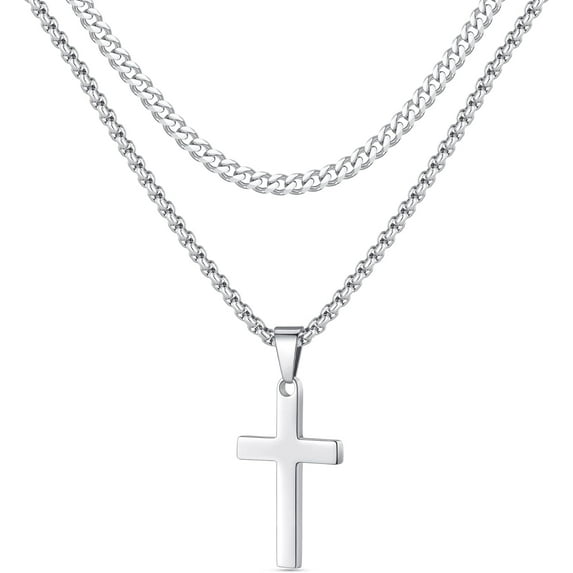 Cross Necklace for Men,Stainless Steel Silver Black Gold Layered Chain Cross Pendant Necklace for Men Cuban Link Chain Box Chain Cross Necklace 16-26 Inches