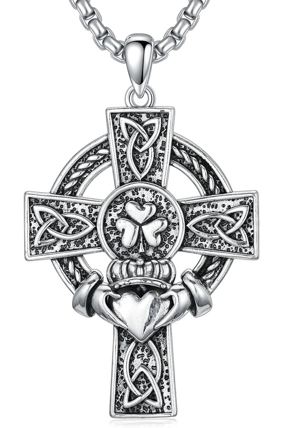 Cross Necklace for Men Women 925 Sterling Silver Celtic Knot Cross Pendant Irish Claddagh Necklace Jewelry with Clover Valentines Day Gifts for Husband Wife