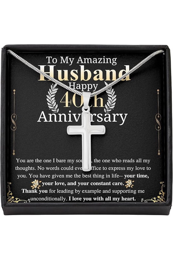 Cross Necklace On Fourtyeth Anniversary For Husband from wife , keepsake gift with Personalized Message Card
