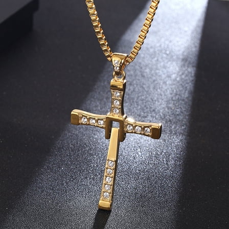 Cross Necklace Rhinestones Luxury Men's Chain 14K Yellow Gold Jewelry Accesories